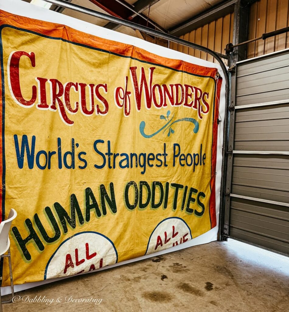 Circus of Wonders large banner hanging on wall at The Taconic Antiques Fair in Chatham, NY.