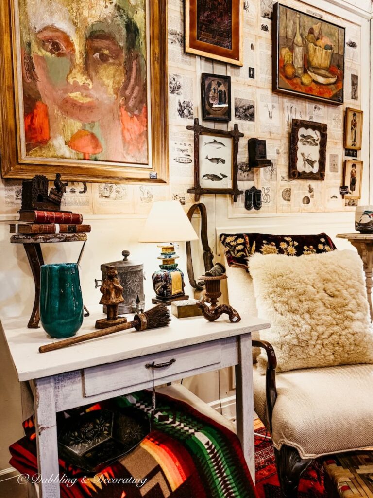 Antique wall art inside High-End Antique Booths at Taconic Antiques Fair in Chatham, New York.
