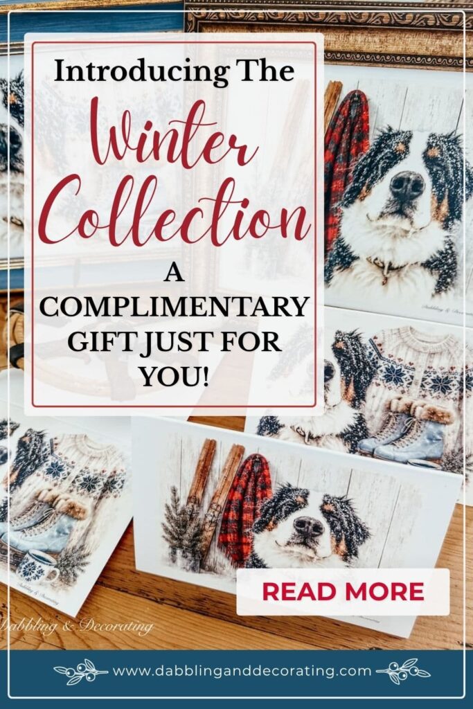 Winter printable with a Bernese Mountain Dog, ski sweater and blue ice skates for a cozy winter scene. Free download.