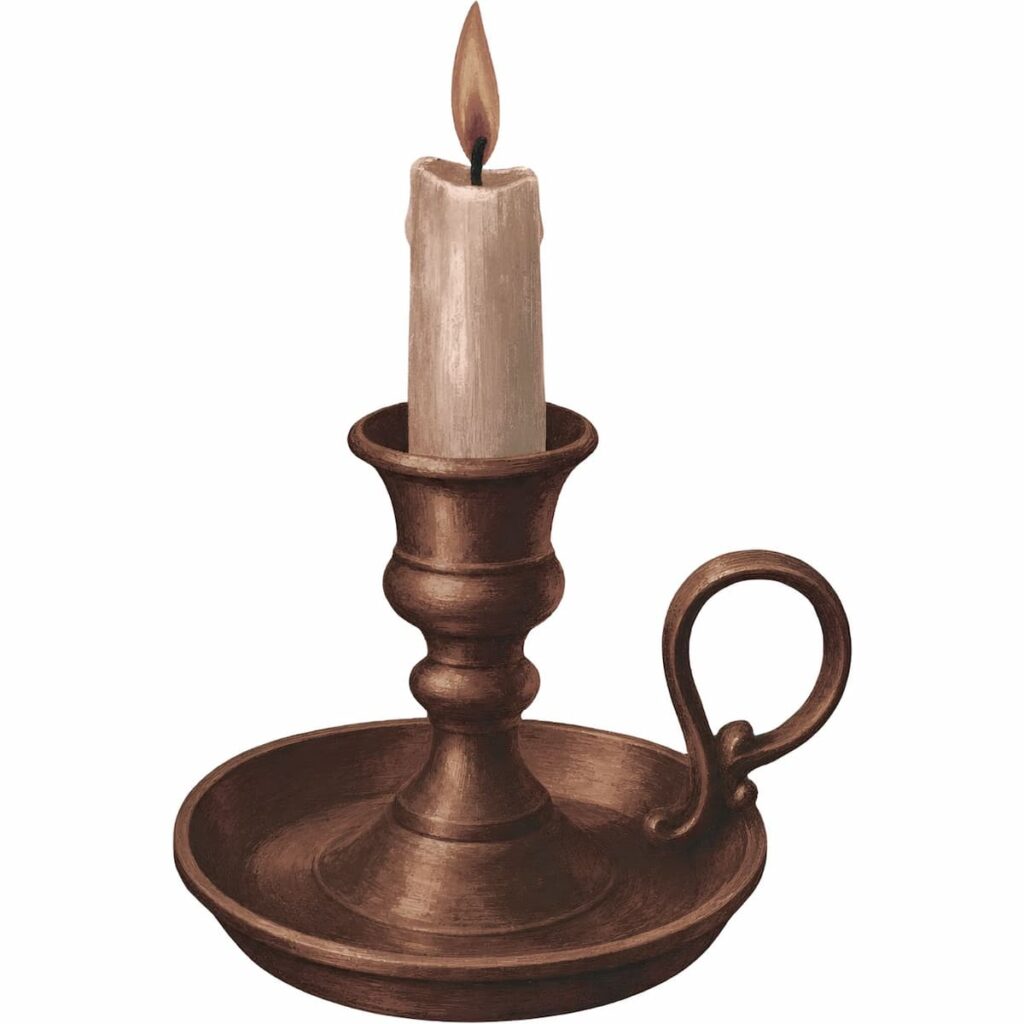 Brown candlestick and lit candle.