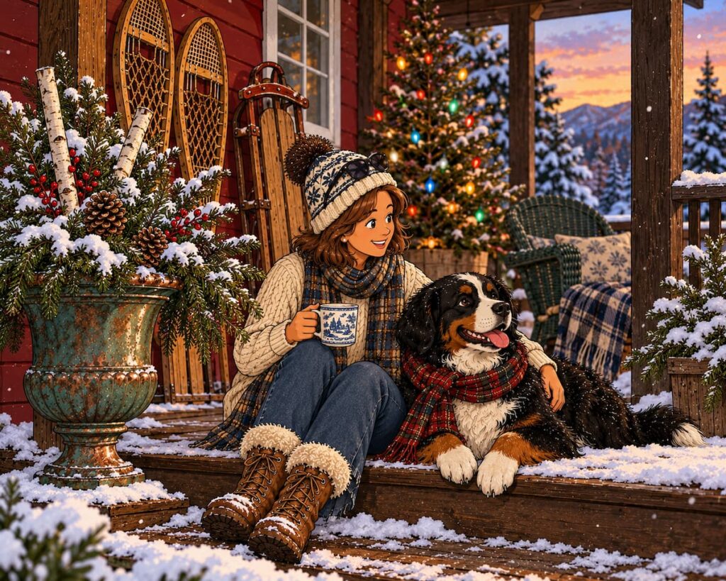 Cartoon of woman sitting on Vermont house porch in the snow decorating for Christmas with a Bernese Mountain Dog in scarves.