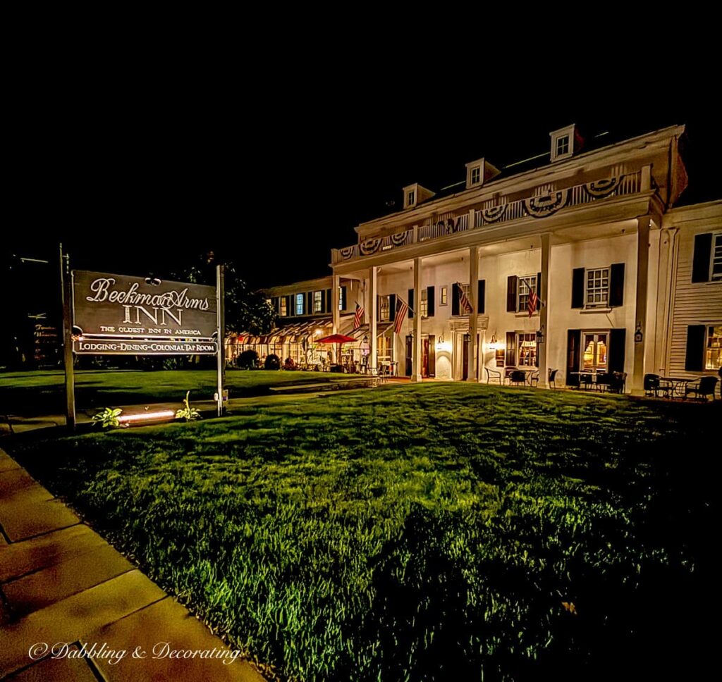 Beekman Arms & Delamater Inn in Rhinebeck, NY during the evening all lit up.
