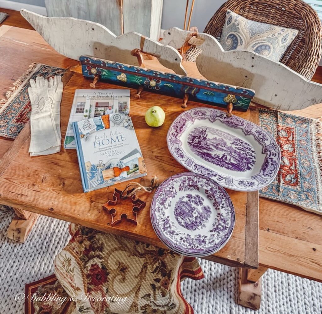 My Country Living Fair finds on a table in the kitchen scullery.
