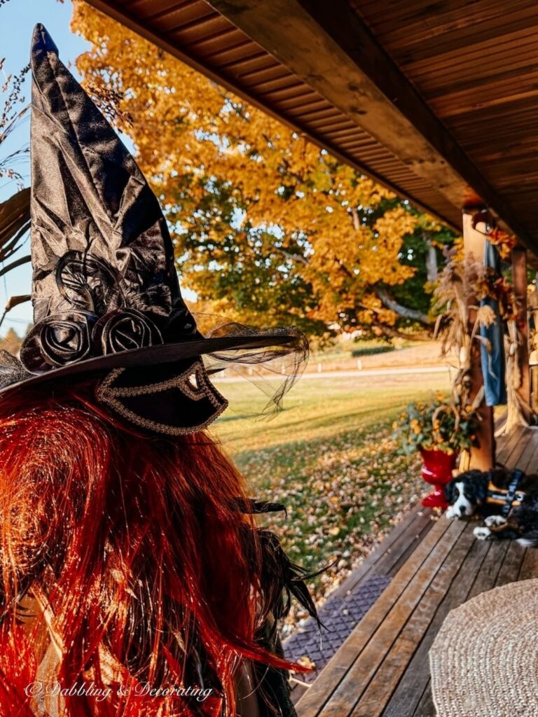 Halloween Witch Porch Ideas with mannequins, wigs, brooms, chalkboards and more. Bernese Mountain dog looking on.