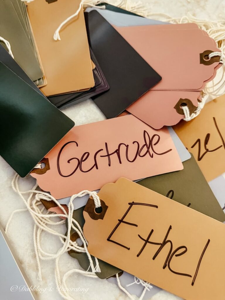 Different pastel colored luggage tags with old fashioned women's names like Ethel, Gertrude, and Hazel written on them.